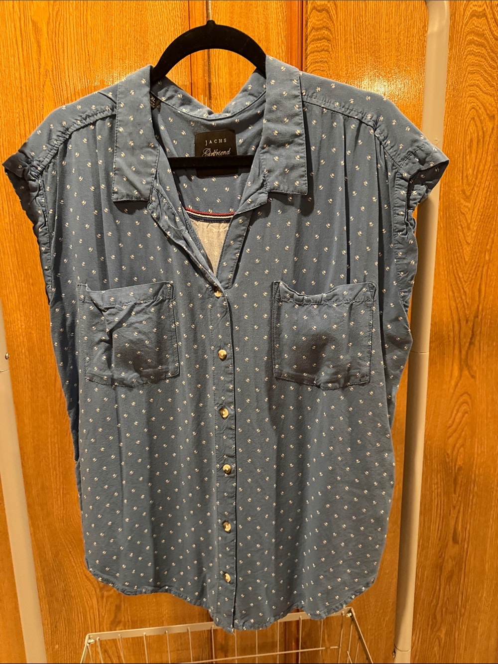 JACHS Girlfriend Light Blue Dot Cap-Sleeve Button Shirt